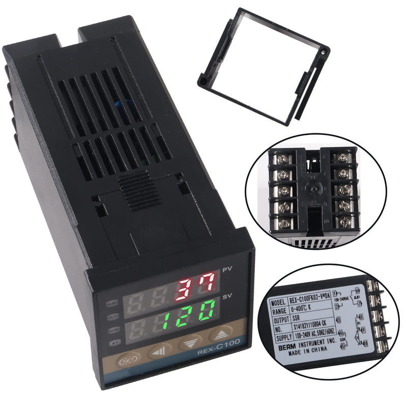 [Australia - AusPower] - Digital PID Temperature Controller REX-C100 PID Thermostat Temperature Controller Digital REX C100 with 25DA SSR Relay K Thermocouple Probe RKC and Black Heat Sink 25DA Black 