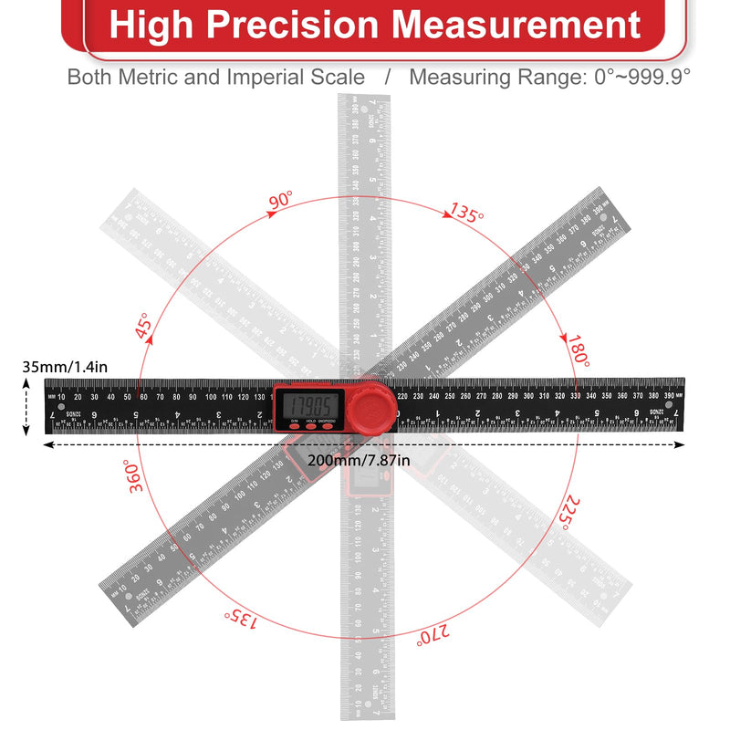 2-in-1 Digital Protractor with LCD Display, Hold and Locking Function, 360° Rotating Angle Ruler for Mechanical Engineering, Woodworking and Measurement - 400 mm 200mm (7.87 Zoll)