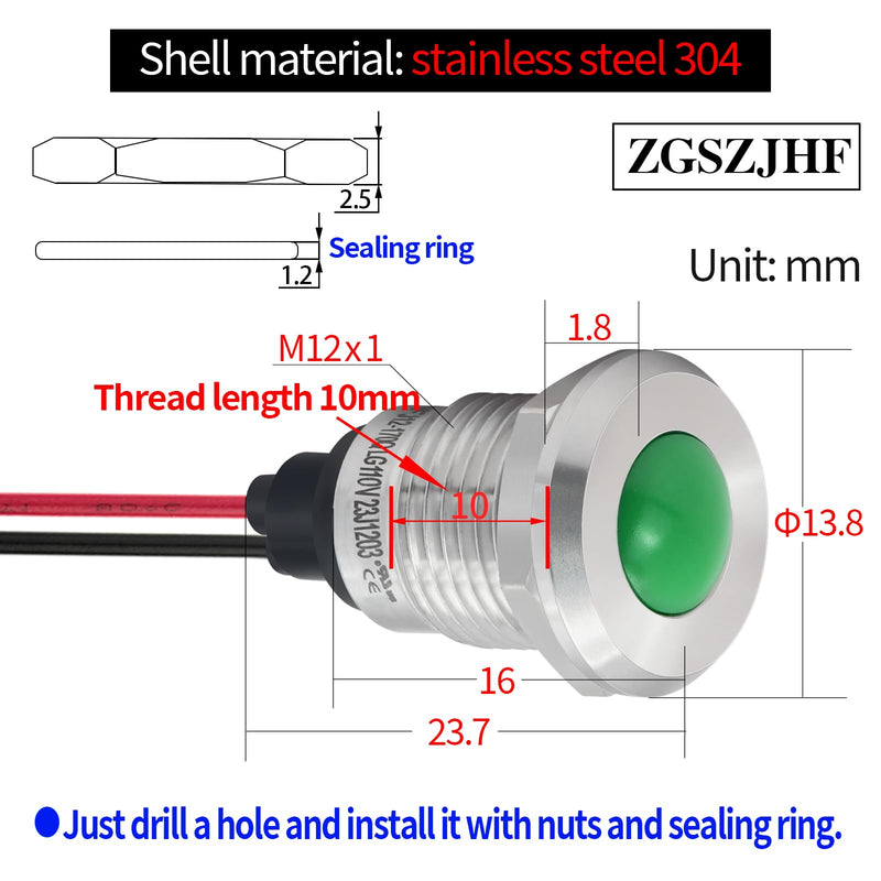 [Australia - AusPower] - Indicator Light 12mm 0.47" LED Lamp with 140mm/5.5" Wire Pilot Lights Waterproof IP67 Metal Stainless Steel Signal Indicator Lamp Panel 2PCS (Green, 110V-120V AC/DC) Green 