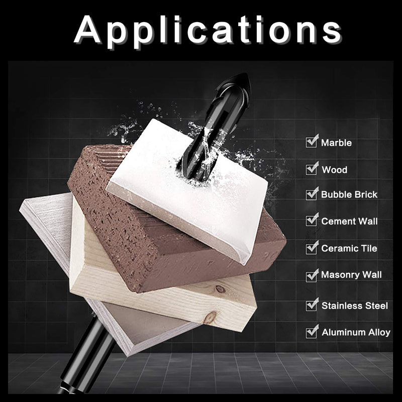 [Australia - AusPower] - 10-Piece Masonry Drill Bits Set for Tile Glass Ceramic Brick Wood, 1/8 to 1/2 Inch Drilling Bits with Triangle Handle, YG8 Tungsten Steel Alloy Tip.?Black? 10 Piece Masonry Drill Bit 
