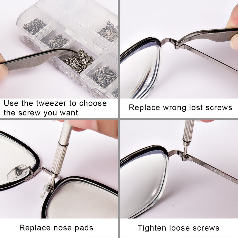 [Australia - AusPower] - Sunglasses Eyeglasses Repair Kit, 1100PCS Tiny Stainless Steel Screws and 5 Pairs Nose Pads with Micro Screwdriver Tweezer for Watch Clock Spectacle Eye Glass Repair 