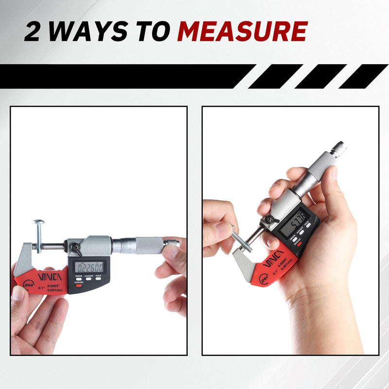 VINCA Absolute IP64 Origin Digital Micrometer, DMCA-0105 0-1"/0-25mm, 0.00005" /0.001mm Resolution, Hold Function, Carbide Tip 0-1"/25mm