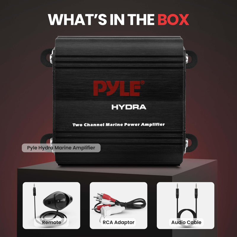 Pyle 2-Channel Marine Amplifier Receiver - Waterproof and Weatherproof Audio Subwoofer for Boat Stereo Speaker & Other Watercraft - 400 Watt Power, Wired RCA, AUX and MP3 Audio Input Cable Black