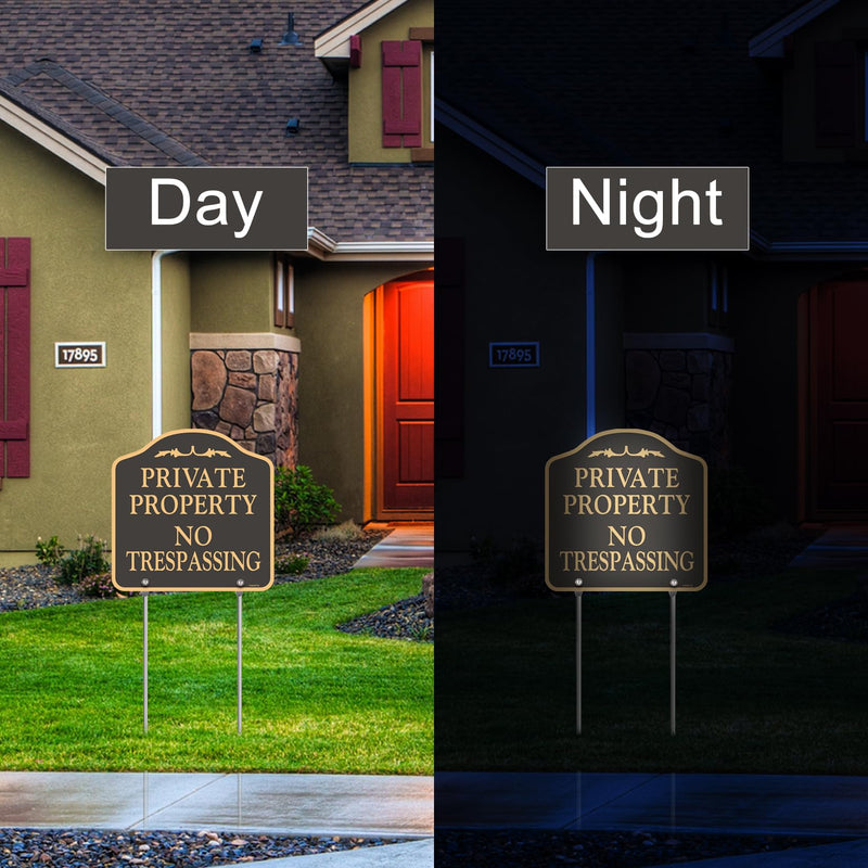 Large (2 Pack) No Trespassing Signs Private Property, Metal, Aluminum, Includes Metal Yard Stakes for Easy Installation, 12x12 Inches