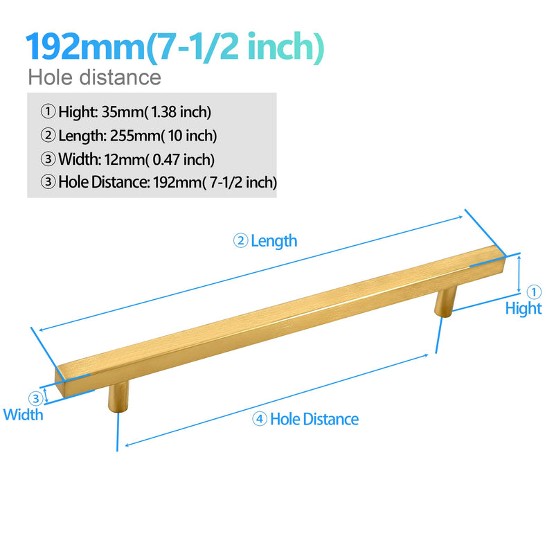 Cabinet Pulls Gold Cabinet Handles Square Drawer Pulls, 10 Pack 7-1/2 Inch 192mm Hole Centers Stainless Steel Kitchen Door Cupboard Cabinet Handles,10 Inch Length Hardware Handles 7-1/2 Inch Hole Centers