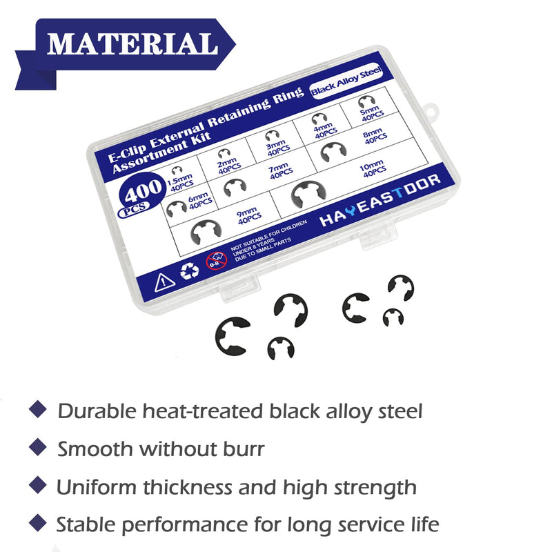 [Australia - AusPower] - 400PCS 10 Size E-Clips Assortment Kit Black Alloy Steel E Clip Circlip External Retaining Ring Washer Includes Sizes 1.5mm-10mm HE002 