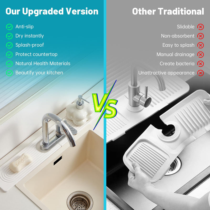 Stone Faucet Mat for Kitchen Sink with Oval Hole – 23.6" × 3.9" Diatomite Drying Stone Mat & Sink Protector, Quick-Dry Splash Guard Water-Absorbing Tray for Bathroom Counter（White.23.6 x 3.9） White