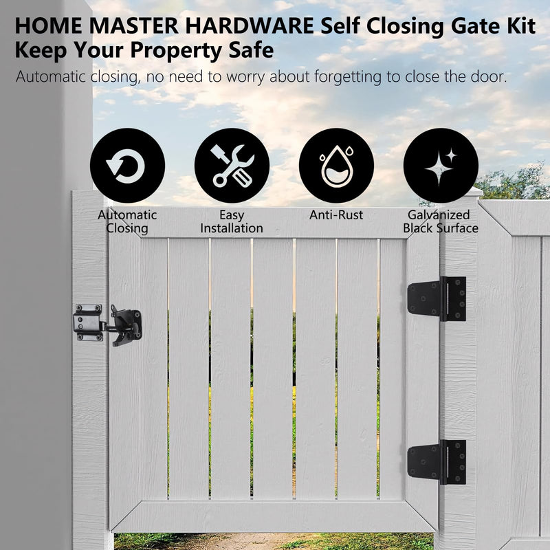 HOME MASTER HARDWARE Self-Closing Gate Kit Black - 3.5 in Spring Tee Hinges 2 Pack + Self-Adjusting Gate Latch 1 Pack