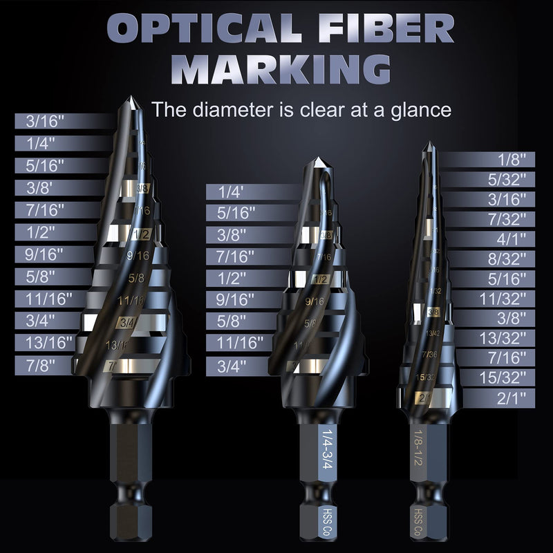 M35 Cobalt HSS Step Drill Bits, Four Spiral Flute Cobalt Step Drill Bit,1/8"-7/8"(3PCS) Hex Shank Unibit for Aluminum, Stainless Steel, Metal, Wood, Plastic. 1/8"-7/8"(3PCS)