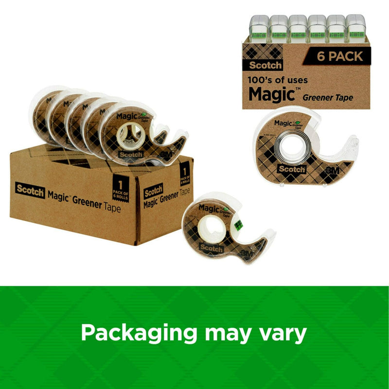 Scotch Magic Greener Tape, 6 Rolls, Numerous Applications, Invisible Tape, Engineered for Repairing, 3/4 in. x 600 in., 6 Dispensers (6123) 6-Pack