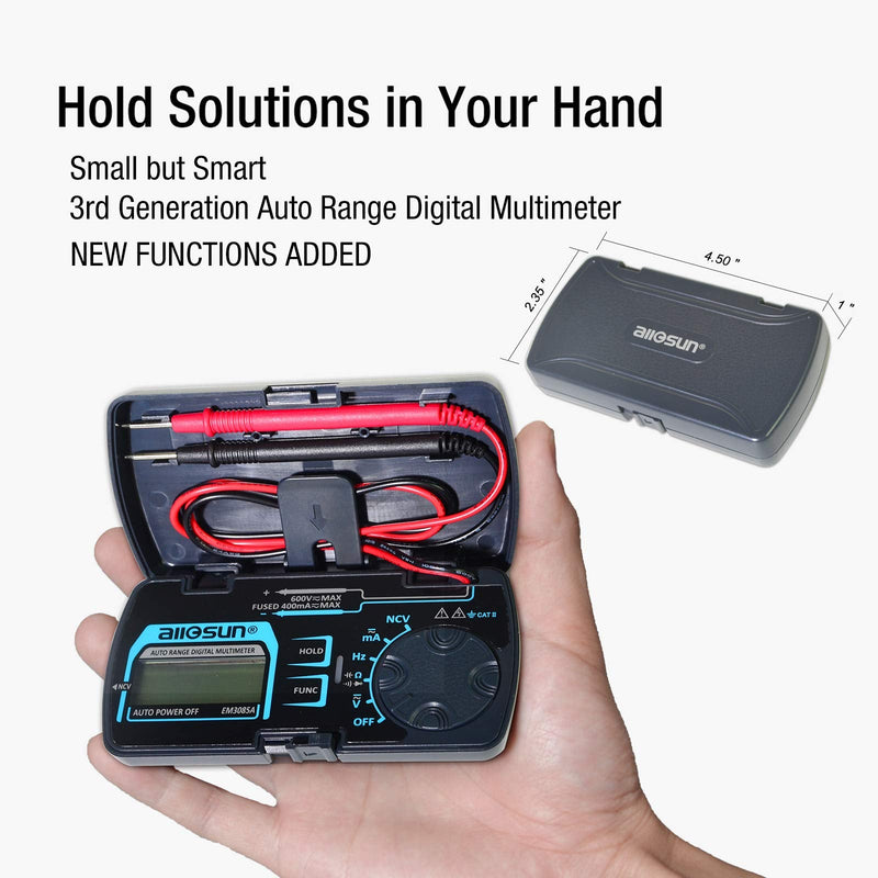 [Australia - AusPower] - ALLOSUN Digital Multimeter Pocket Size DC AC Voltage Current Tester NCV Ohm Capacitance Frequency Diode and Continuity Test Auto Range (EM3085A (Upgraded)) 