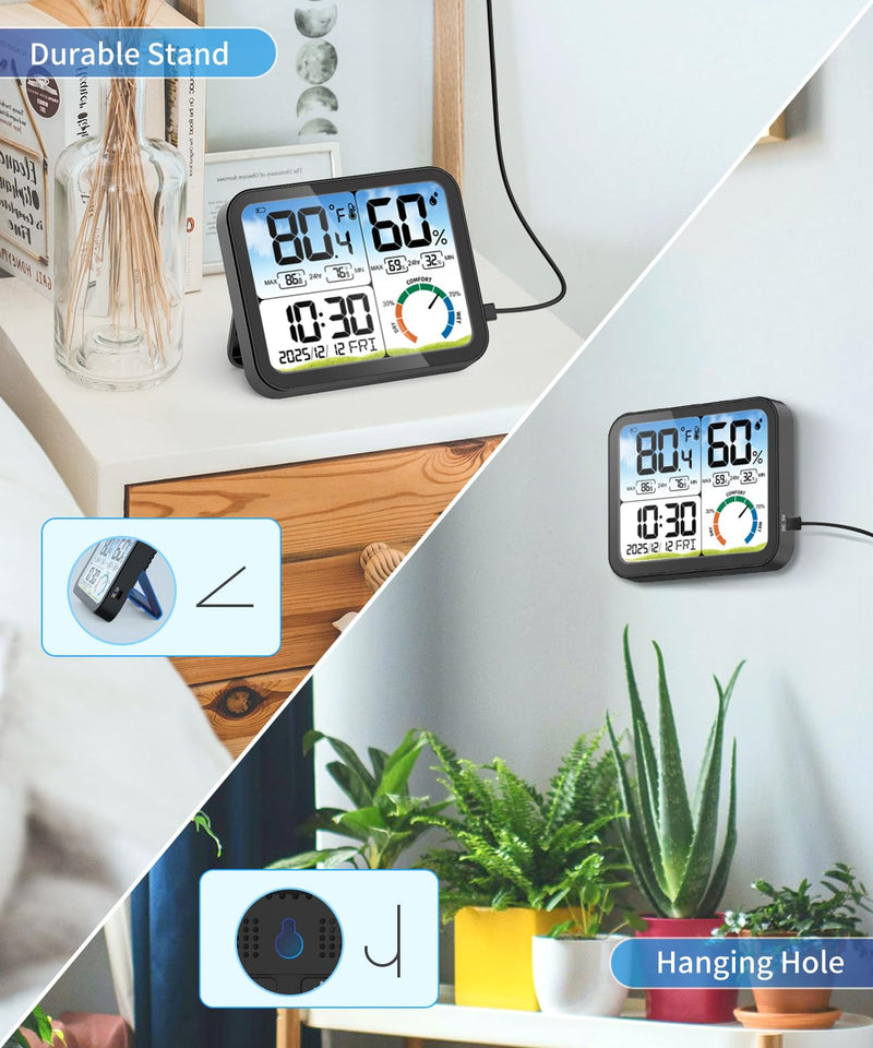 [Australia - AusPower] - VOCOO Digital Indoor Room Thermometer - 5.8'' Extra Large Display Temperature Humidity Sensor with Accurate Temp Humidity Gauge Monitor, Calibration, Max & Min Records, Comfort, Backlit, Date & Clock Black 