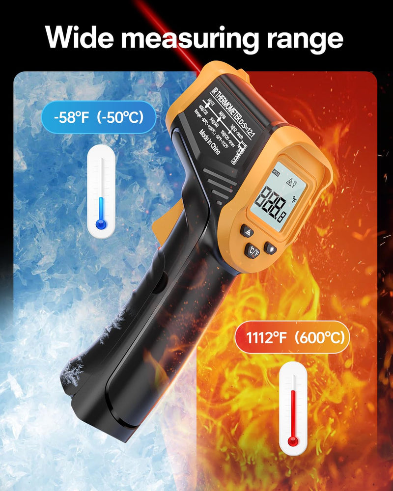 [Australia - AusPower] - Infrared Thermometer, Small IR Temperature Meter -50°C - 600°C (-58°F-1112°F), Non-Contact Digital Laser Thermometer with Meat Thermometer, Non-Medical, for Cooking/Barbecue/Freezer 600°C version with meat thermometer 
