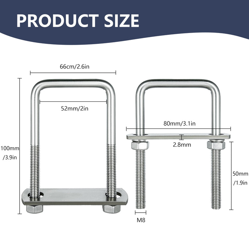 [Australia - AusPower] - 2 Sets M8 Square U-Bolts,u-Bolts 2 inch Wide,304 Stainless Steel Square u-Bolts,with Nuts,Bolt Plate and washers (2, M8 x 50mm x 100mm) 
