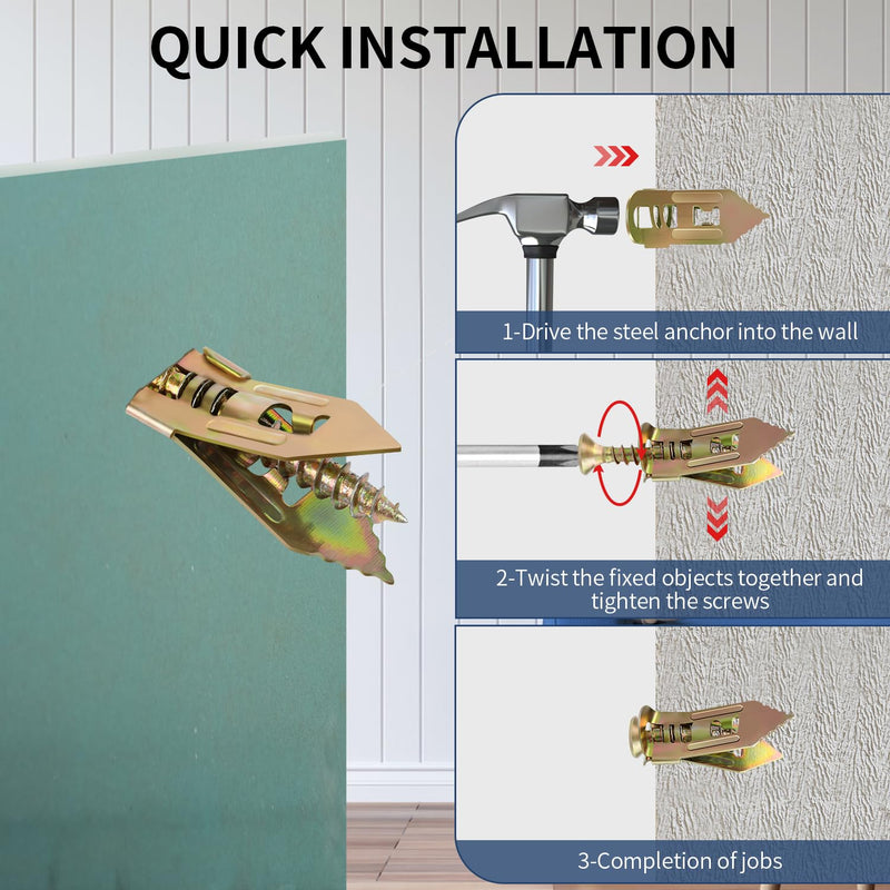 [Australia - AusPower] - 100Pack Self Drilling Drywall Anchors with Screws, Suitable for Tv, Cabinets, Shelves, Shelf Straps, Bicycles, Curtains, No Need to Drill Holes in The Wall(50 Metal Drywall Anchors and 50 Zinc Screw) 100Pack 1.1inch 