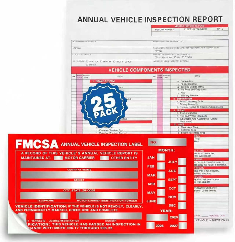 25Pack Inspection Forms and Stickers，Annual Vehicle Inspection Report，Annual Inspection Sticker，3-Ply Carbonless Form，Permanent Aluminum Adhesive Decals 25pc