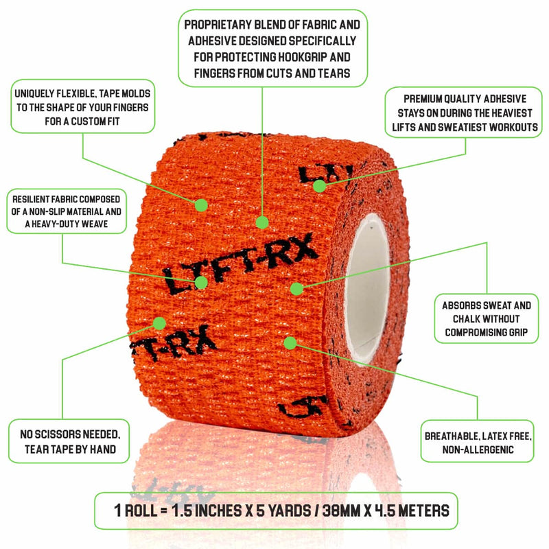 Weightlifting Hook Grip Tape w/Premium Adhesive for Olympic Weight Lift, Cross Fitness, Lifting, Stretch Athletic Finger Wrap, Protects Thumb Fingers Hand, Enhances Grip 3 ROLL Orange 1.5-inch