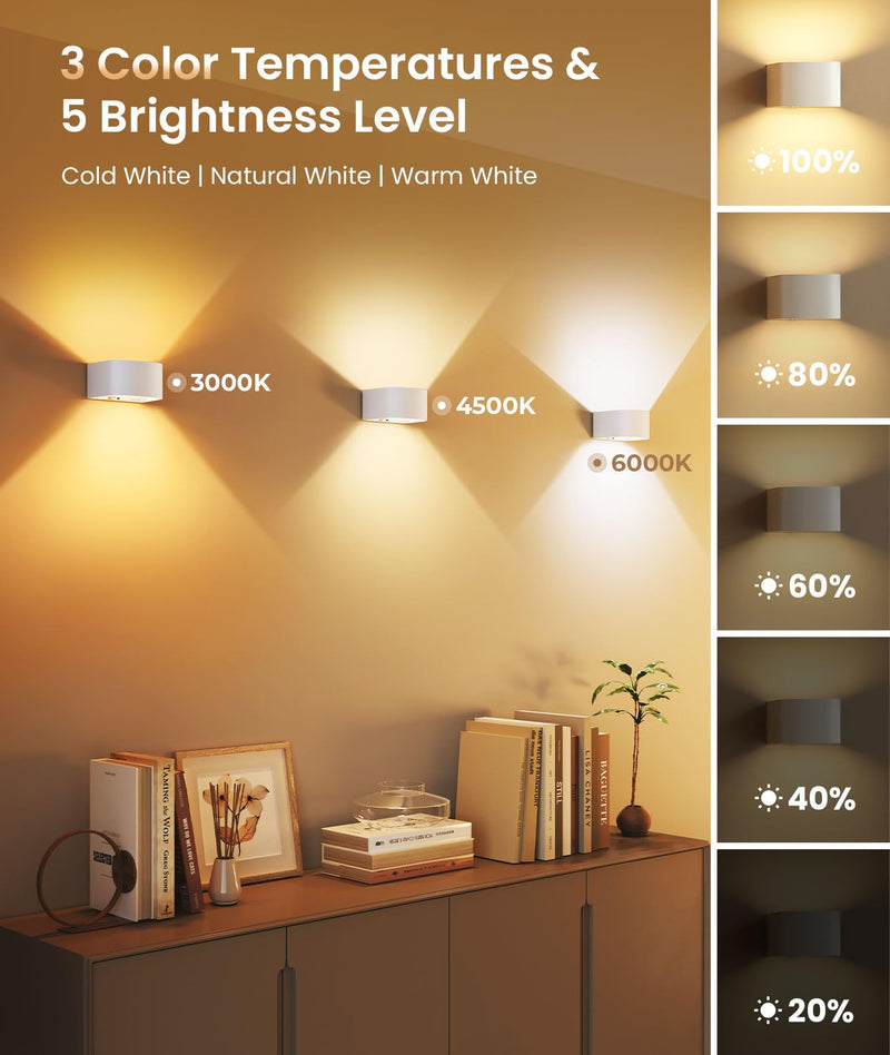 FULEN Motion Sensor Wall Light with Remote Control 3 Colors Wireless Wall Sconces LED Indoor Up and Down Wall Lamp 5000mAh Rechargeable Battery Powered Wall Lamps Brightness Adjustable, White 2 Pack White - 2 Pack