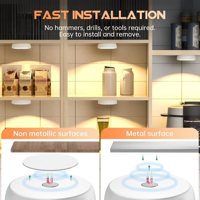 LED Closet Lights Motion Sensor Puck Light with Charge Station, USB Rechargeable Battery Operated Puck Step Lights, Dimmable Under Cabinet Lighting for Counter Wardrobe Kitchen (6 Pack) Warm White 6 Pack with Stand