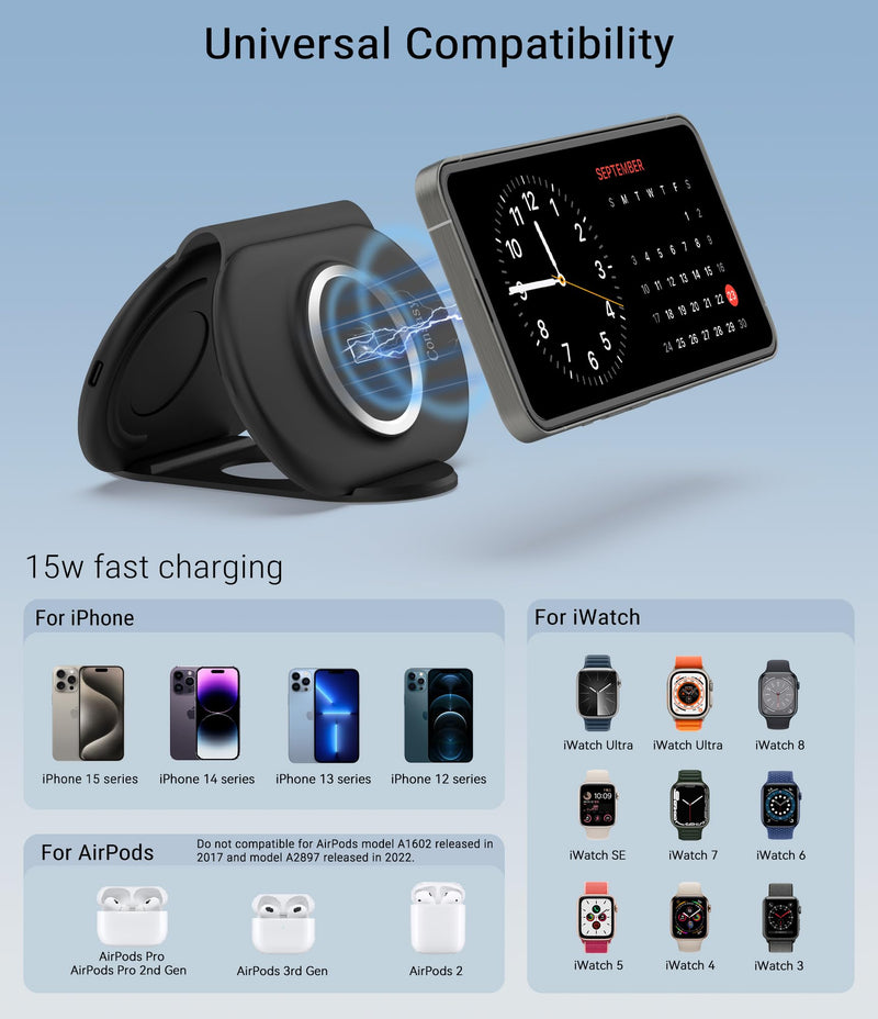 [Australia - AusPower] - 3 in 1 Wireless Charging Station, Magnetic Wireless Charger, Foldable Charger 3 in 1, Travel Charger for iPhone 15/14/13/12 Series, AirPods Pro/3/2, iWatch 2-9/Ultra (Adapter Included) Black 