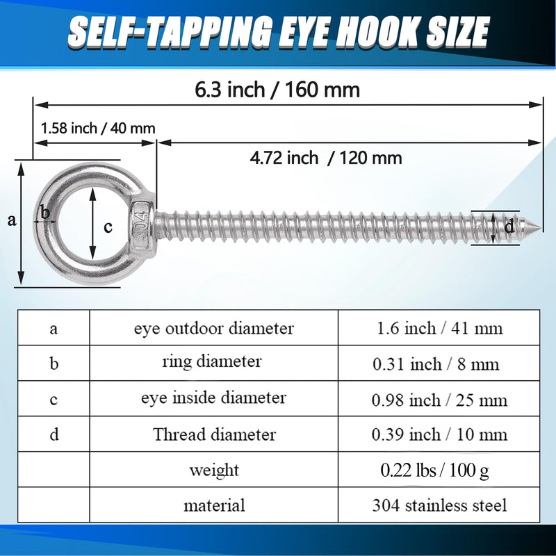 [Australia - AusPower] - OHIYO 6.3 Inch Heavy Duty Eye Hooks M10 Self Tapping Eyelet Screw Load Capacity 1000 LBS Heavy Duty Screw in Eye Hooks for Hammock Stand, Swing Chair, Yoga, Heavy Indoor & Outdoor Uses (4Pack- M10) 