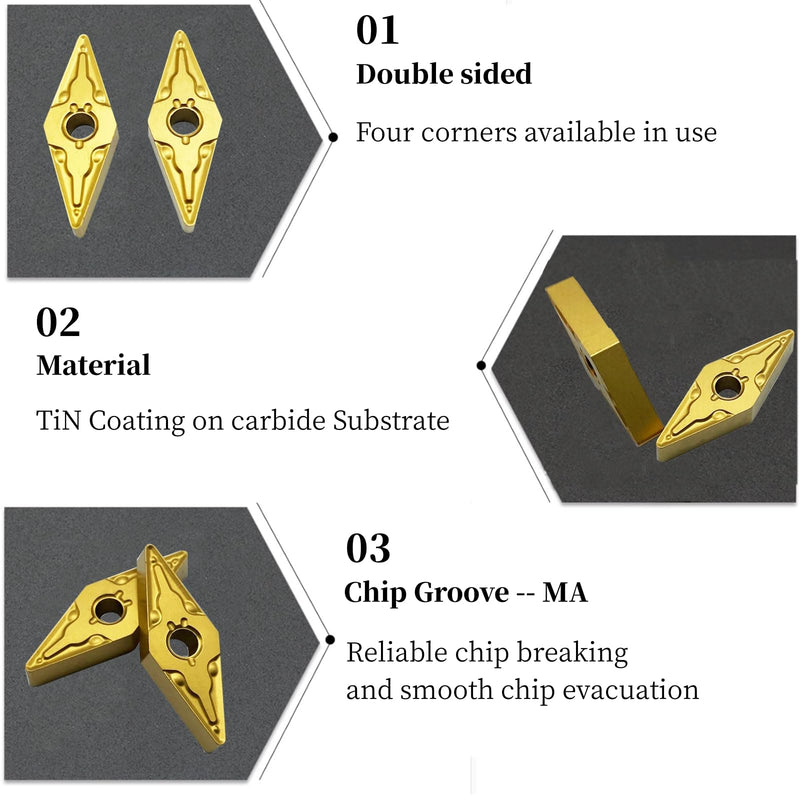[Australia - AusPower] - Indexable external Carbide Turning Inserts VNMG331/332 VNMG160404/08 carbide cutting tool inserts for Cutting Stainless Boring Bar inserts Turning tool holders replace inserts (VNMG332–MA Gold) VNMG332–MA Gold 