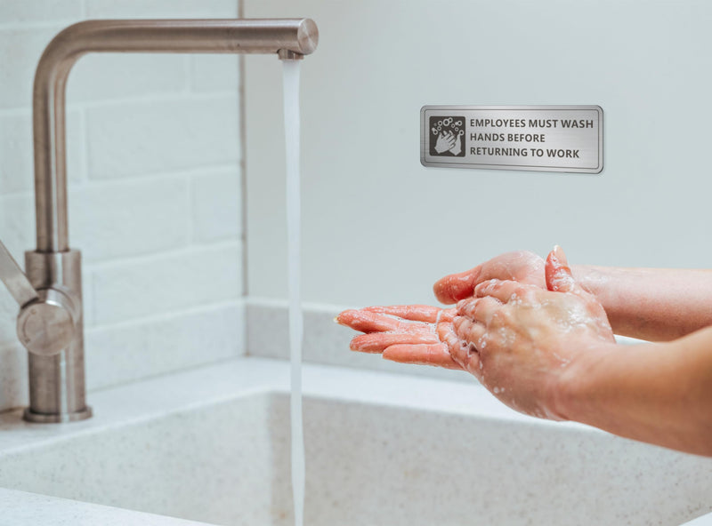 [Australia - AusPower] - Employees Must Wash Hands Sign, (2 Pack) Self-adhesive Metal Signage for Office Bathroom, 9 x 3 Inch Waterproof Aluminum Signs for Indoor Outdoor Use (Brushed Aluminum) 9" x 3" 2 Pack (Brushed Nickel) 