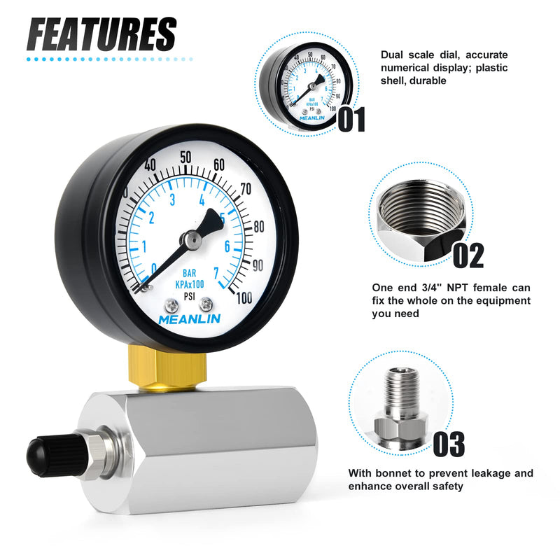 [Australia - AusPower] - MEANLIN MEASURE 0-100Psi 2"Steel Double Graduated Air Test Pressure gauges, 3/4" FNPT Connection, -3-2-3% Accuracy Chrome Body 
