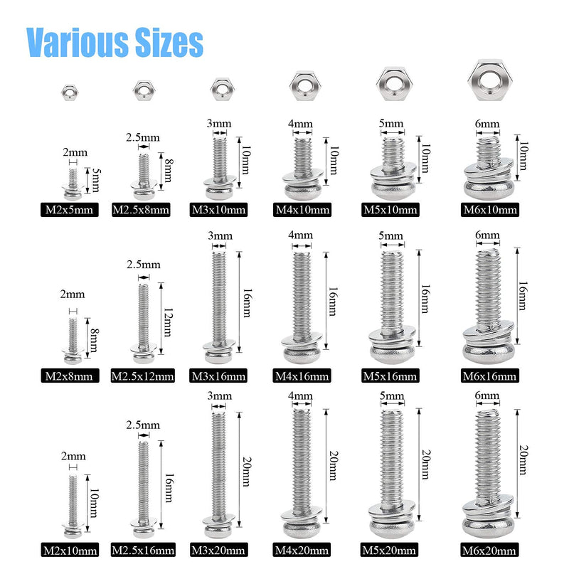 [Australia - AusPower] - DYWISHKEY 480 PCS M2 M2.5 M3 M4 M5 M6, 304 Stainless Steel Phillips Pan Head Screws Combine with Spring Washer and Flat Washers Nuts Assortment Kit 
