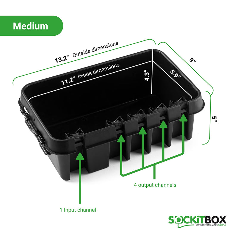 [Australia - AusPower] - SockitBox  The Original Weatherproof Connection Box  Indoor & Outdoor Electrical Power Cord Enclosure for Timers, Extension Cables, Transformers, Power Strips, Lights, Tools & More  Medium  Black 