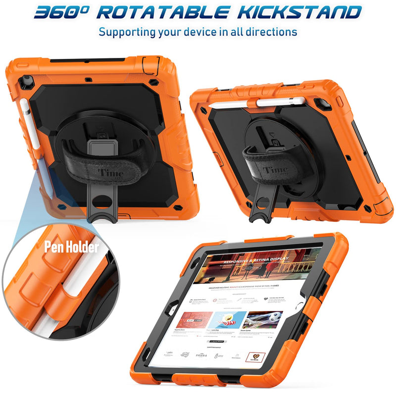 [Australia - AusPower] - Timecity Case for iPad 9th/ 8th/ 7th Generation 10.2 inch (Case for iPad 9/8/ 7 Gen): with Strong Protection, Screen Protector, Hand/Shoulder Strap, Rotating Stand, Pencil Holder - Orange Black+Orange 