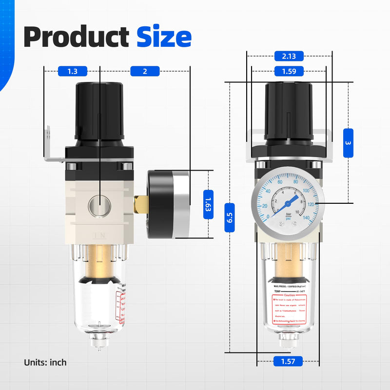 [Australia - AusPower] - Air Pressure Regulator, Hoodutric 1/4 Inch Air Compressor Water Separator with Pressure Gauge Manual Drain Valve Ball Valve and Mounting Bracket - AW2000-02 