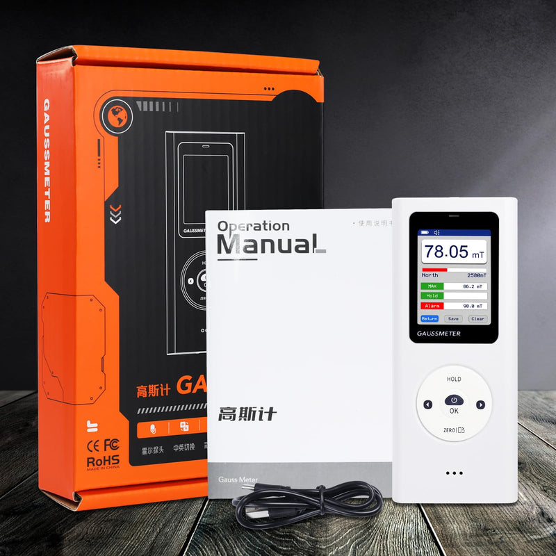 [Australia - AusPower] - Digital Gauss Meter Tesla Meter, Professional Magnetic Field Tester with 0-25000 Gs (0-2500 mT) Range, HD Color Display Rechargeable N/S Pole Detection Data Storage for Magnets Motors & Industrial Use 