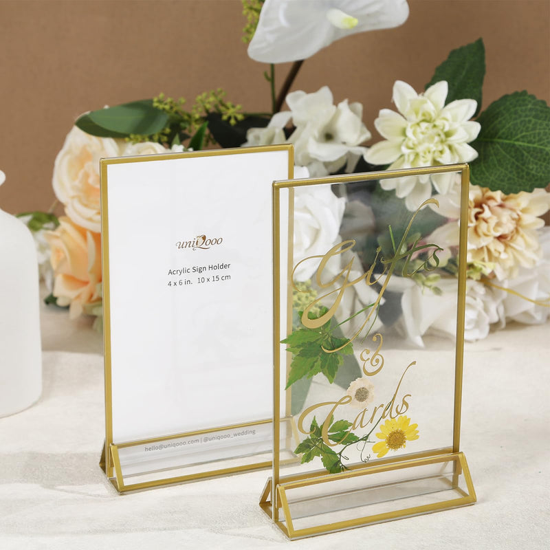 [Australia - AusPower] - UNIQOOO Acrylic Sign Holders with Golden Border, Portrait View, Pack of 6 | 4x6 Inches Double Sided Clear Frame, Perfect for Wedding reception, Centerpiece, Decoration, Party,Anniversary, Event 4x6?6 Pack 