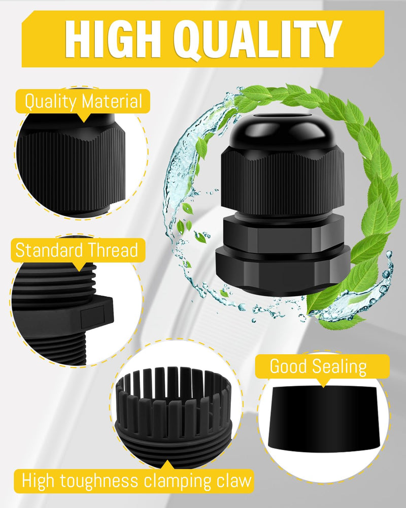 Caianwin 50 pieces cable gland set, black, PG cable grommet, waterproof | IP68, PG7/PG9/PG11/PG13.5/PG16, screw connection set, strain relief for cables, junction box, distribution box PG Set