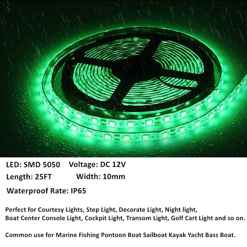 25FT LED Boat Lights, Waterproof Marine Pontoon Led Strip Lights, Boat Deck Interior Light, Boats Accessories, Under Gunnel Lighting, Night Fishing Light for Pontoon Fishing Boats (Green) Green (25FT)