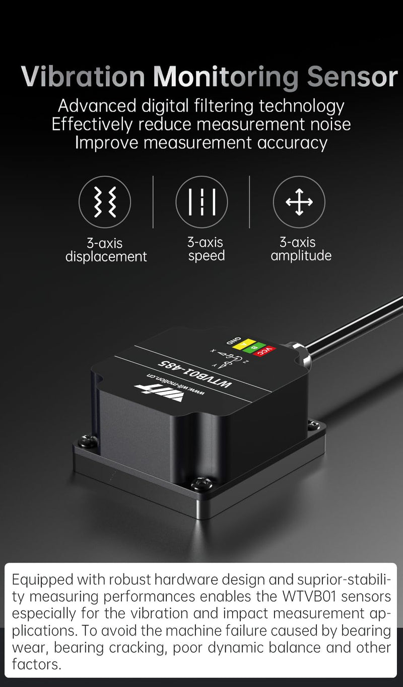 [Australia - AusPower] - WitMotion WTVB01-485 IPX8 Waterproof Vibration Sensor Transducer, Modbus RTU 3-axis (XYZ) Vibration Displacement(2000um)+Speed(50mm/s)+Amplitude(180°), for Structural Health Monitoring 