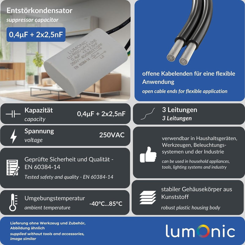 Lumonic Suppression Capacitor 0.4µF 2x2.5nF 250VAC I 42x30x14 mm I -40...+85° I 3 Connection Cables I 0.4uF I EMC Capacitor I for Household Appliances, Power Tools, Building Technology, Industrial Applications