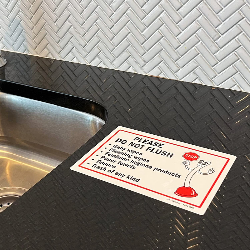 [Australia - AusPower] - SmartSign 5 x7" Funny Please - Do Not Flush Wipes, Feminine Products, Paper Towels, Tissues, Trash Sticker Labels Pack of 4, 5 mil Laminated Polyester with SuperStick Adhesive, Red Black White 5" x 7" - SuperStick Label 