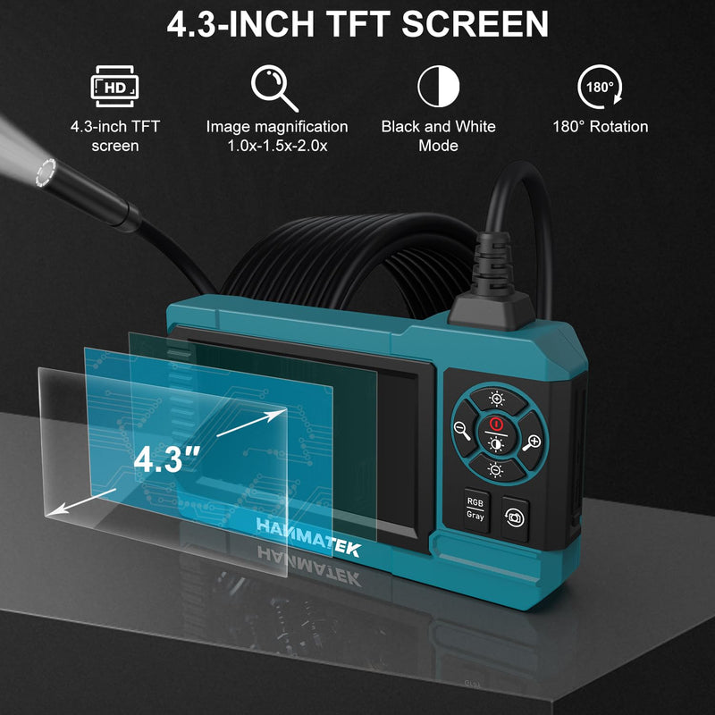HANMATEK Industrial Endoscope, 4.3-Inch TFT Screen, 16.5ft Flexible Cable, IP67 Waterproof, 8mm Camera with Adjustable LED Lights, USB-C Charging, 4 Hours Battery Life, 180° Rotating Display IE01