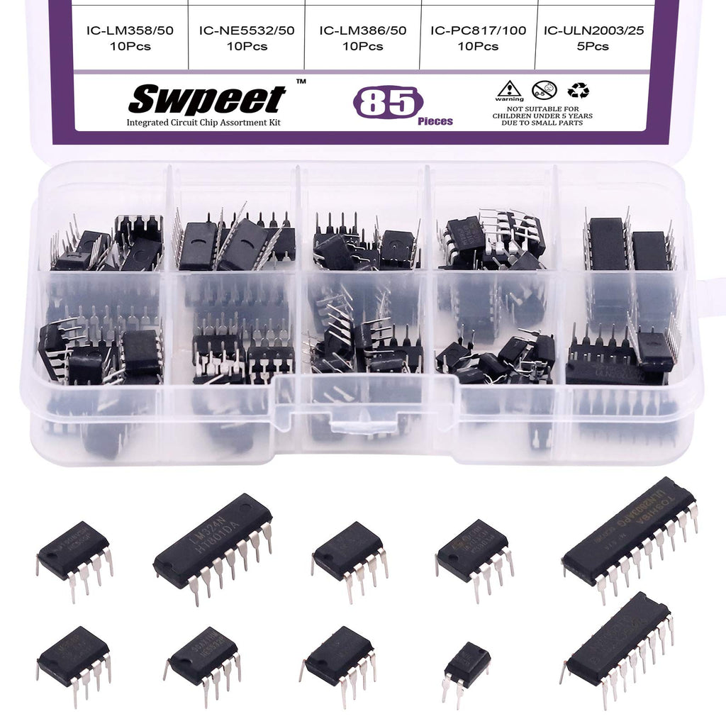 Swpeet 85Pcs 10Pcs 10 Types Integrated Circuit chip Assortment Kit,LM Series Dual/Quad Operational Amplifier Opamp, Single Precision Timer, Pwm - LM324 LM358 LM386 LM393 UA741 NE5532 NE555 85