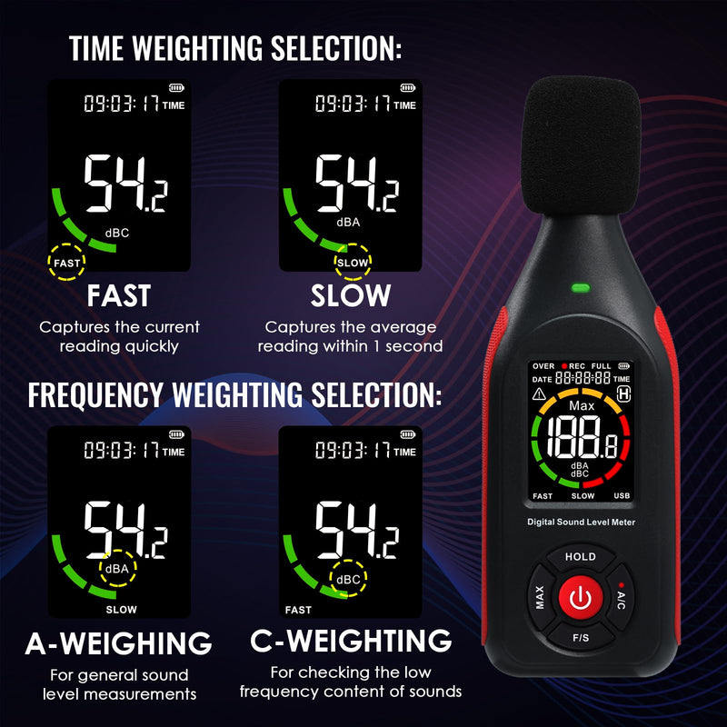 [Australia - AusPower] - Decibel Meter Sound Level Meter dB Meter Sound Noise Meter 30-130dB with MAX Data Hold, Data Record Function, Rechargeable With Alarm and A/C Frequency, Fast/Slow Time Selection for Home, Classroom 
