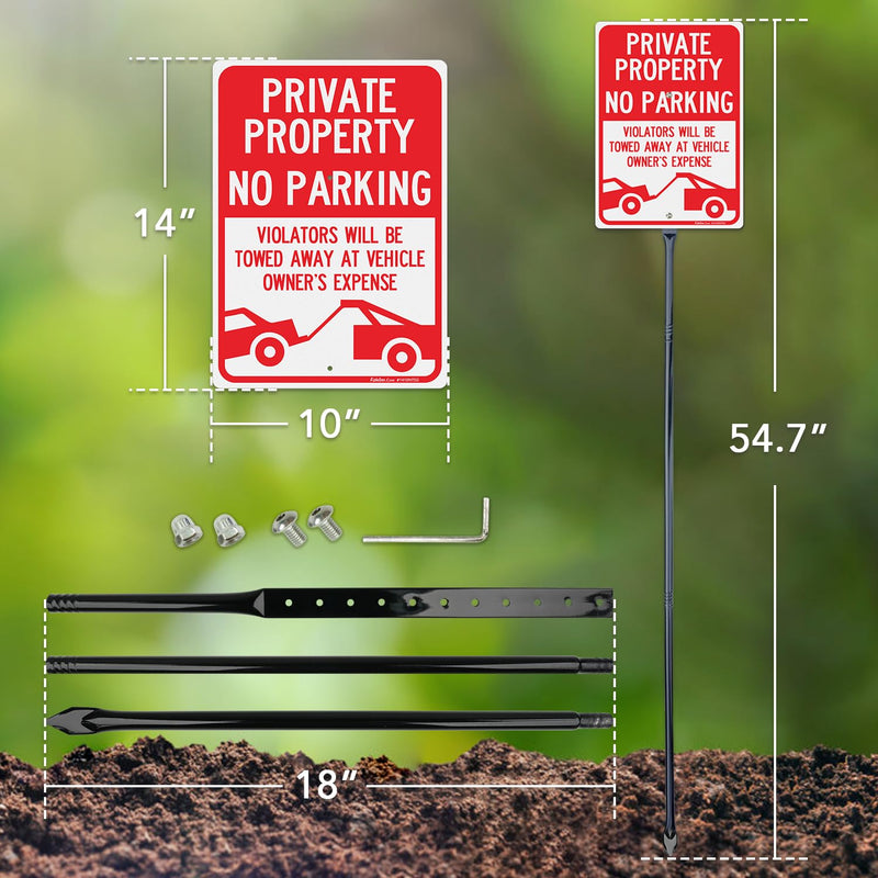 Faittoo Large Private Property No Parking Sign with 54" Metal Thick Stake, 14"x10" Vehicle Towed At Owner's Expense Rust Free Aluminum Sign, Reflective, Fade Resistant, Easy to Mount, Outdoor Use 14"x10" with 54" Metal Thick Stake - 1 Pack