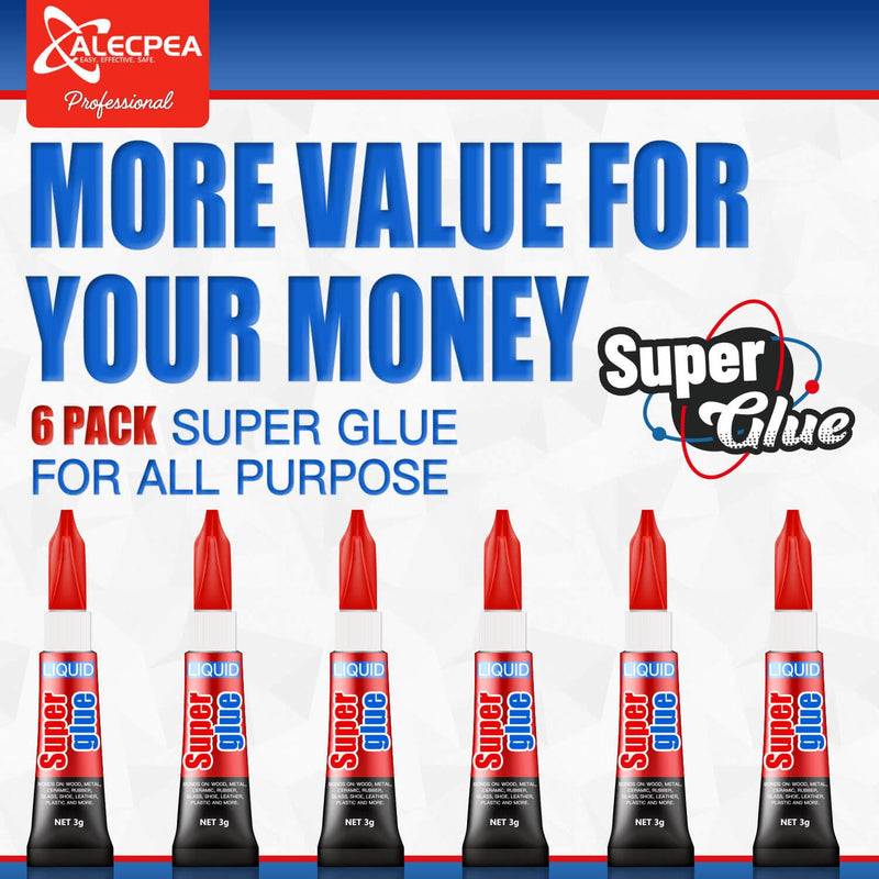 Super Glue, 6-Pack Single-Use Tubes 3 Gram Each, Super Fast, Liquid & Strong Adhesive Superglue, Glue for Hard Plastics, DIY Craft, Ceramics, Frame, Leather, Metal Etc 6 Pack