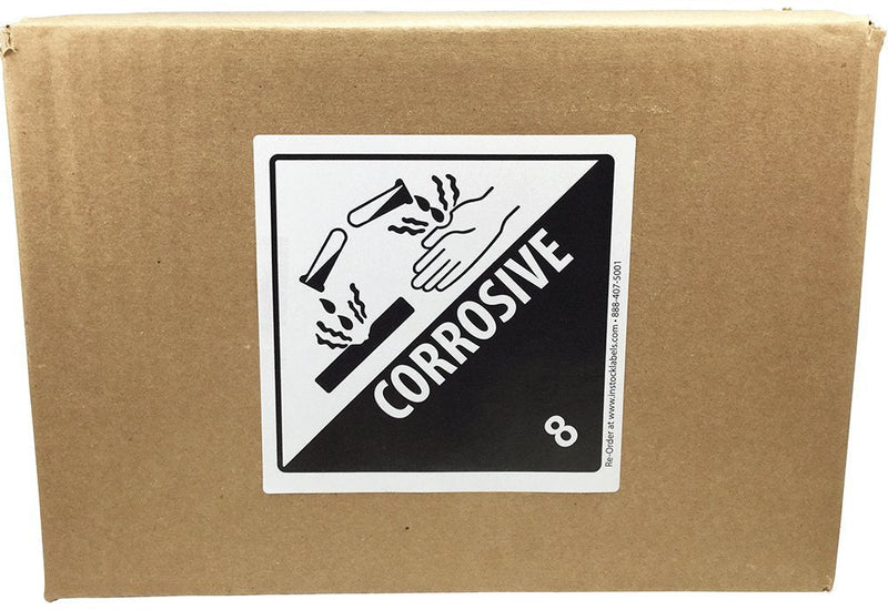 Hazard Class 8 D.O.T. Corrosive Labels, 4 x 4 Inch Square Black and White Hazmat Stickers, 500 Total Adhesive Shipping Labels on a Roll for Compliance – Made in the USA