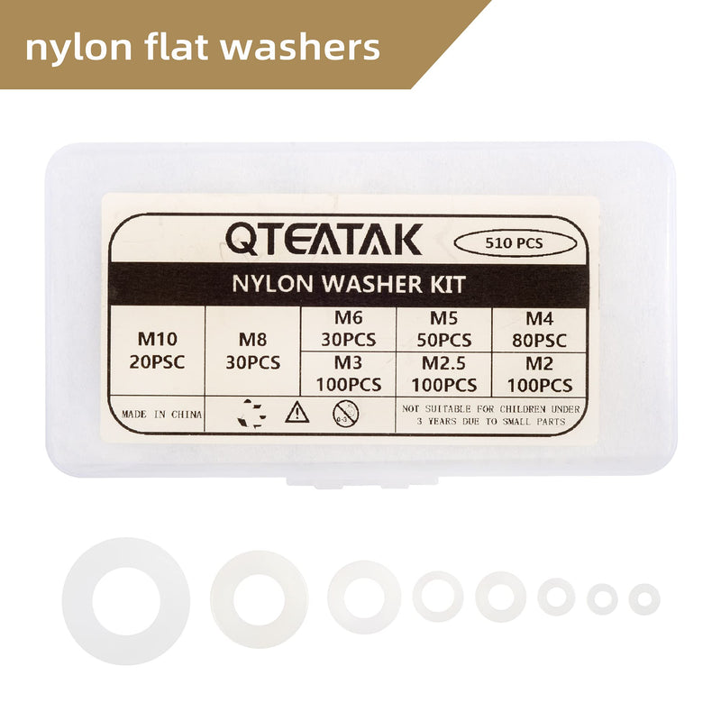 [Australia - AusPower] - QTEATAK 510 Pcs White Nylon Flat Washer Assortment Kit for Electrical Connections on Household & Commercial Appliances, (M2 M2.5 M3 M4 M5 M6 M8 M10) 
