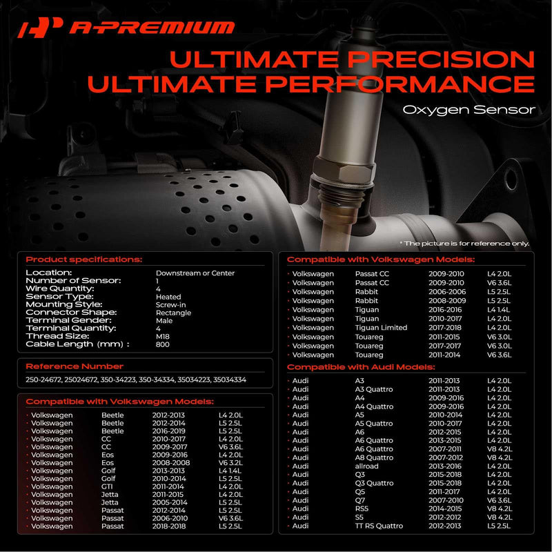 [Australia - AusPower] - A-Premium O2 Oxygen Sensor Compatible with Volkswagen Jetta Passat Tiguan Golf Beetle CC GTI Eos Audi A3 A4 A5 A6 Q3 TT Quattro Q5 S5 Porsche Cayenne 