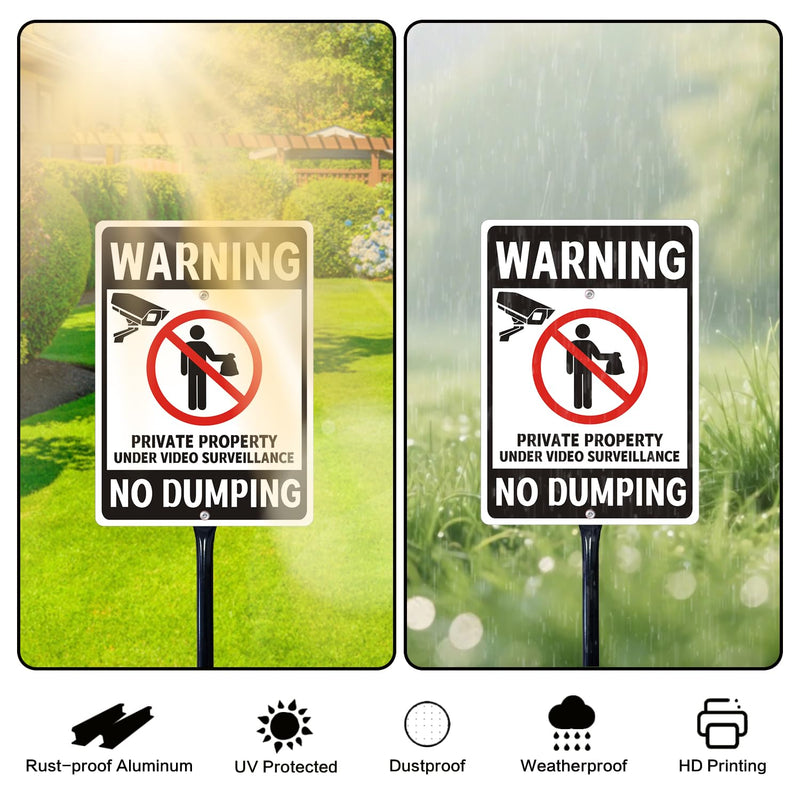 No Dumping Sign with 34.6" Stake, 10"x14" Metal No Dumping Allowed Sign, Private Property No Illegal Dumping Yard Sign with Video Surveillance Notice