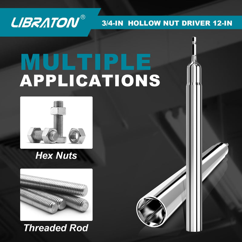Libraton Hollow Nut Driver,Power Nut Driver Set 3/4",12 inch Long with 1/4" Hex Shank 12-inch long 3/4-inch