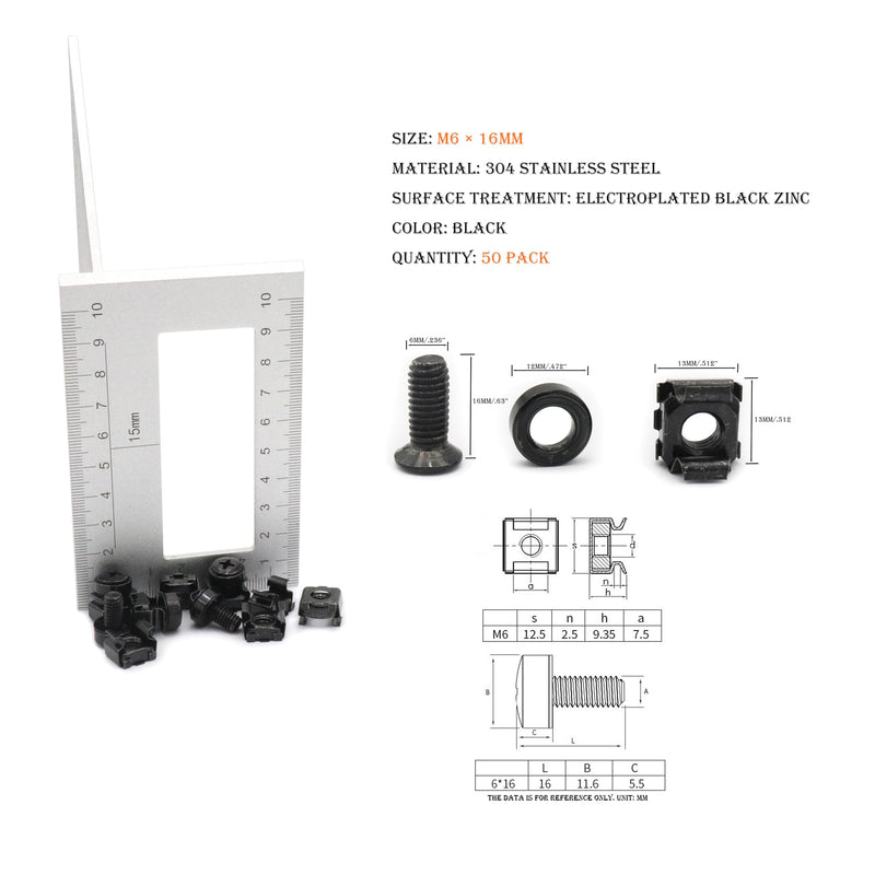 [Australia - AusPower] - 50 Pack Rack Mount Screws and Cage Nuts Assortment Kit, M6 x 16 mm Screws and Nuts Combination, with Washers, 304 Stainless Steel, Zinc-Plating (Black) 